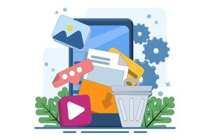concept of Deleting data and moving unnecessary files to trash, Cleaning digital memory, Deleting documents in trash, Cleaning software, flat illustration template. vector