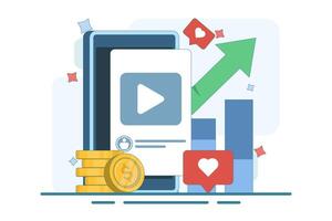 Social Media ROI Concept. Dynamic display of user engagement and profit analysis. Stack of coins, growth chart, likes interaction. Flat illustration on background. vector