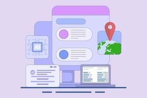 Search engine AI Assistance Concept, AI suggests search results from search engine, Artificial intelligence chatbot to help user, flat illustration on background. vector