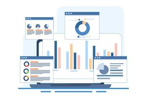 Business analysis concept, Financial report, Statistics, Finance, Research, Planning, Management, SEO marketing analysis, analysis, data processing, success strategy laptop screen. flat illustration. vector