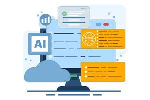 Programming and communication concept. Software and mobile app development. Cloud services and web browsers. Poster or banner. Flat illustration on background. vector
