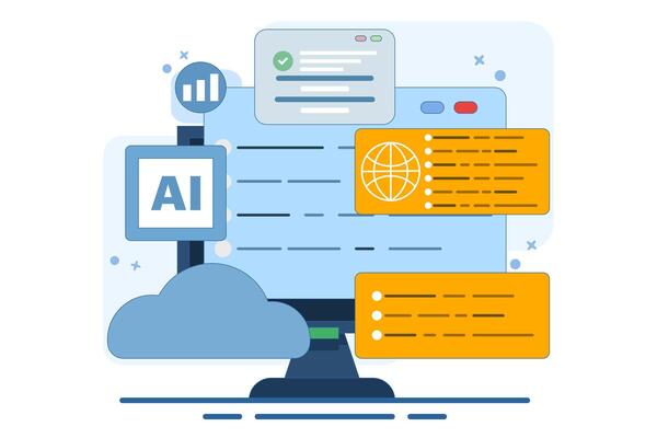 Programming and communication concept. Software and mobile app development. Cloud services and web browsers. Poster or banner. Flat illustration on background.