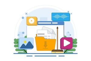 Data cleaning concept, Clear cache memory, download cloud history data, Clean digital memory, Delete documents in trash, Cleaning Software. Flat illustration template. vector