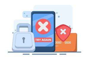 Payment Error Concept. Cashless NFC payment failed. Online transaction canceled. Try again. Smartphone application with crossed check marks. Flat illustration on background. vector