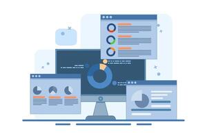 Concept of data and information displayed on dashboard, SEO marketing analytics illustration, Marketing analysis, Market research, Business analysis. flat illustration on background. vector