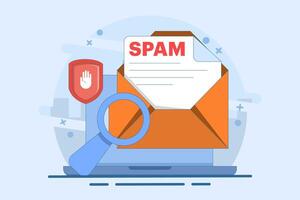 spam mailbox concept, spam warning, laptop with envelope and document, warning, security. sending spam mail and document online, warning message, flat illustration template. vector