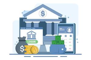 Online banking and mobile payments concept, login to bank account, digital wallet, internet money, savings and finance, mobile banking. Flat illustration on background. vector