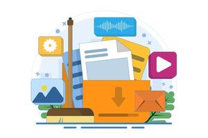 Data cleaning concept, Clear cache memory, download cloud history data, Clean digital memory, Delete documents in trash, Cleaning Software. Flat illustration template. vector