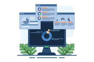 Concept of data and information displayed on dashboard, SEO marketing analytics illustration, Marketing analysis, Market research, Business analysis. flat illustration on background. vector