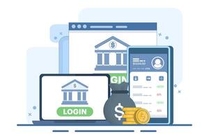 Online banking and mobile payments concept, login to bank account, digital wallet, internet money, savings and finance, mobile banking. Flat illustration on background. vector