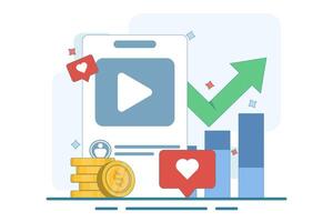 Social Media ROI Concept. Dynamic display of user engagement and profit analysis. Stack of coins, growth chart, likes interaction. Flat illustration on background. vector
