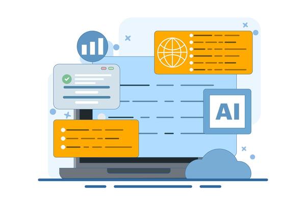 Programming and communication concept. Software and mobile app development. Cloud services and web browsers. Poster or banner. Flat illustration on background.