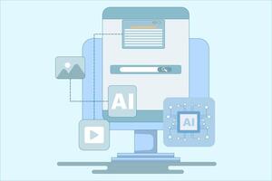 AI assisted search engine concept, Artificial intelligence with search results, AI processing search engine results, Online web search engine with AI helps users find information faster. vector