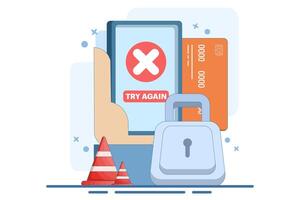 Payment Error Concept. Cashless NFC payment failed. Online transaction canceled. Try again. Smartphone application with crossed check marks. Flat illustration on background. vector