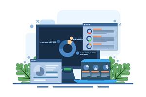 Concept of data and information displayed on dashboard, SEO marketing analytics illustration, Marketing analysis, Market research, Business analysis. flat illustration on background. vector