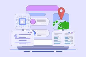 Search engine AI Assistance Concept, AI suggests search results from search engine, Artificial intelligence chatbot to help user, flat illustration on background. vector