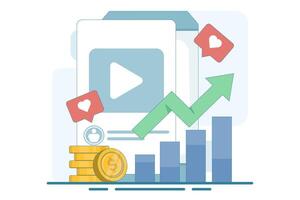 Social Media ROI Concept. Dynamic display of user engagement and profit analysis. Stack of coins, growth chart, likes interaction. Flat illustration on background. vector