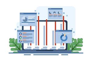 Business analysis concept, Financial report, Statistics, Finance, Research, Planning, Management, SEO marketing analysis, analysis, data processing, success strategy laptop screen. flat illustration. vector