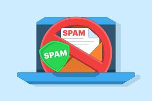 spam mailbox concept, spam warning, laptop with envelope and document, warning, security. sending spam mail and document online, warning message, flat illustration template. vector