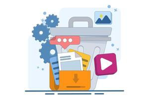concept of Deleting data and moving unnecessary files to trash, Cleaning digital memory, Deleting documents in trash, Cleaning software, flat illustration template. vector