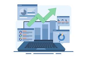 Business analysis concept, Financial report, Statistics, Finance, Research, Planning, Management, SEO marketing analysis, analysis, data processing, success strategy laptop screen. flat illustration. vector