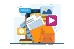 Data cleaning concept, Clear cache memory, download cloud history data, Clean digital memory, Delete documents in trash, Cleaning Software. Flat illustration template. vector