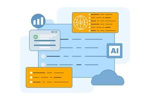 Programming and communication concept. Software and mobile app development. Cloud services and web browsers. Poster or banner. Flat illustration on background. vector