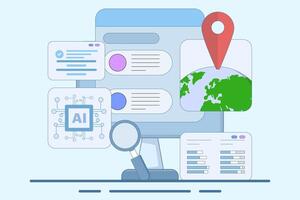 Search engine AI Assistance Concept, AI suggests search results from search engine, Artificial intelligence chatbot to help user, flat illustration on background. vector
