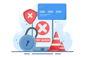 Payment Error Concept. Cashless NFC payment failed. Online transaction canceled. Try again. Smartphone application with crossed check marks. Flat illustration on background. vector