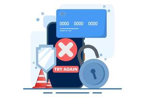 Payment Error Concept. Cashless NFC payment failed. Online transaction canceled. Try again. Smartphone application with crossed check marks. Flat illustration on background. vector