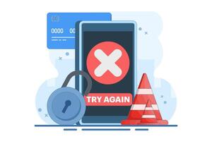 Payment Error Concept. Cashless NFC payment failed. Online transaction canceled. Try again. Smartphone application with crossed check marks. Flat illustration on background. vector