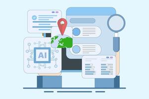 Search engine AI Assistance Concept, AI suggests search results from search engine, Artificial intelligence chatbot to help user, flat illustration on background. vector