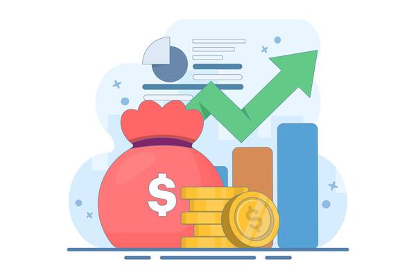 growing economy and finance concept. increase, investment profit, income and bonus. business income information increase. coins, graph data and plants. flat illustration.
