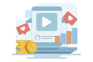 Social Media ROI Concept. Dynamic display of user engagement and profit analysis. Stack of coins, growth chart, likes interaction. Flat illustration on background. vector