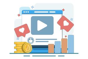 Social Media ROI Concept. Dynamic display of user engagement and profit analysis. Stack of coins, growth chart, likes interaction. Flat illustration on background. vector