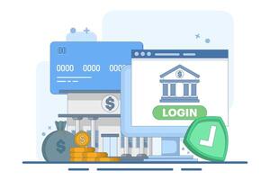 Online banking and mobile payments concept, login to bank account, digital wallet, internet money, savings and finance, mobile banking. Flat illustration on background. vector