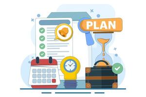 Time management concept. Manager makes plans and schedules, manages efficient working time in the office. illustration for social media banners, marketing materials. flat illustration. vector