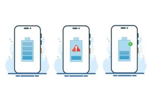 Smartphone battery energy level indicator concept, low battery level, battery charging, fully charged battery, Flat illustration on background. vector