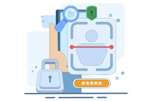 facial recognition technology concept. identification and authentication system using face. biometrics and security. illustration of user scanning their face to gain access. flat illustration. vector