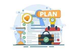Time management concept. Manager makes plans and schedules, manages efficient working time in the office. illustration for social media banners, marketing materials. flat illustration. vector