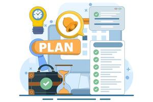 Time management concept. Manager makes plans and schedules, manages efficient working time in the office. illustration for social media banners, marketing materials. flat illustration. vector