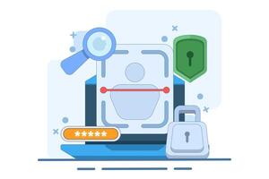 facial recognition technology concept. identification and authentication system using face. biometrics and security. illustration of user scanning their face to gain access. flat illustration. vector