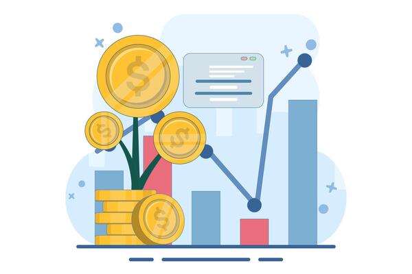 growing economy and finance concept. increase, investment profit, income and bonus. business income information increase. coins, graph data and plants. flat illustration.