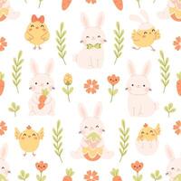 Seamless pattern with cute Easter bunnies, chicks, flowers. Spring seamless pattern vector