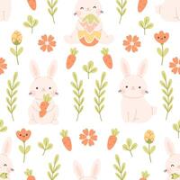 Seamless pattern with cute Easter bunnies, carrots, flowers. Spring seamless pattern vector