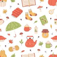 Autumn seamless pattern. Cute and cozy seasonal objects. Flat, hand drawn texture for wallpaper, textile, fabric, paper vector