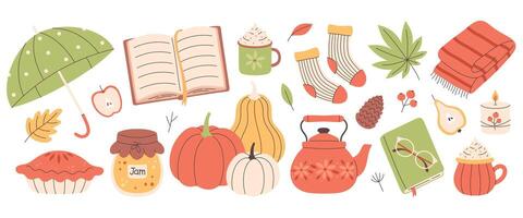 Autumn elements set. Cute and cozy seasonal objects. Fall, Thanksgiving Day vector