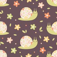 Seamless pattern with cute snails and flowers. Spring and summer seamless pattern vector