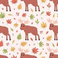 Seamless pattern with cute elk and autumn leaves. Flat, hand drawn texture for wallpaper, textile, fabric, paper vector