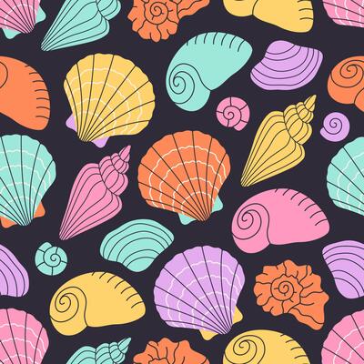 Seamless pattern with sea shells, mollusks, starfish. Tropical beach shells. Summer seamless pattern.
